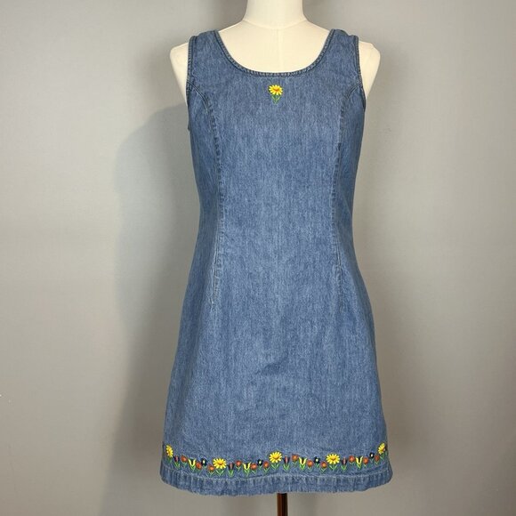 Vintage 90s True Blue Denim Dress Women's Size 9/10 Embroidered Floral - Picture 1 of 9